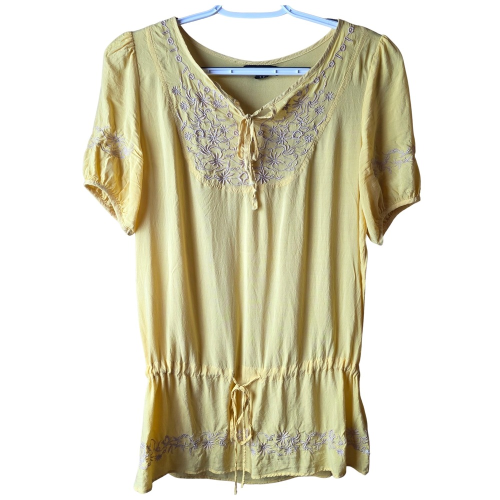 XXI Yellow Embroidered Peasant Blouse Women's S Rayon Boho Tie Front Top